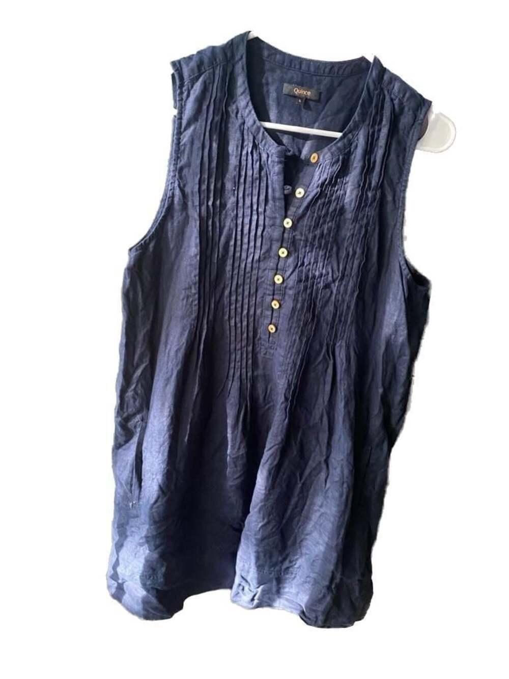 Quince Women's 100% European Linen Sleeveless Pintuck Swing Dress in Navy - Picture 2 of 3